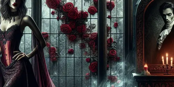 A seductive vampire in a gothic castle, surrounded by mist, roses, and a haunting moonlit landscape.