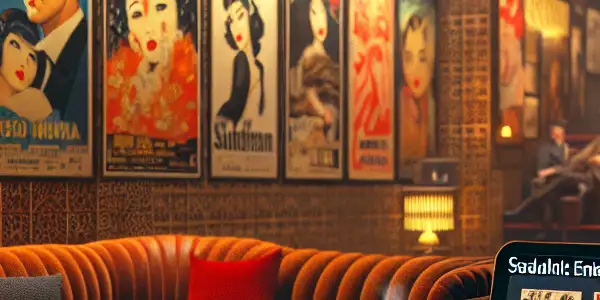 A cozy underground room featuring vintage adult film posters, a laptop with film thumbnails, and warm ambient lighting.