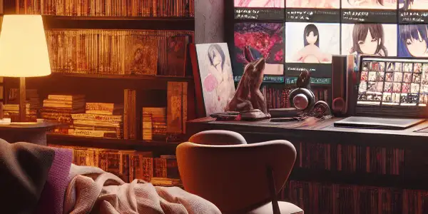 A cozy, dimly lit room featuring a computer displaying an erotic blog and elements of Japanese AV films.