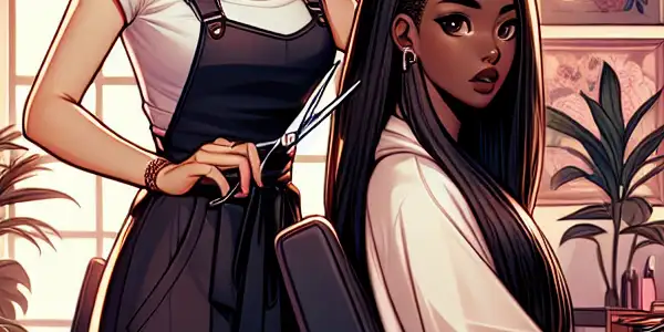 A hairstylist and customer share an intimate moment in a cozy Japanese salon, surrounded by stylish decor and hairdressing tools.