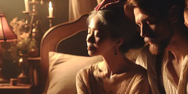 A serene bedroom scene depicting a couple in an intimate moment, surrounded by symbols of exploration and connection.