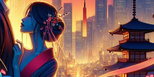 A romantic couple in a vibrant Japanese cityscape, embodying intimacy amidst neon lights and cultural symbols.