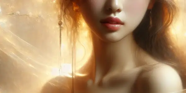 A graceful female figure in a dreamy, romantic setting, embodying elegance and subtle seduction amidst soft lighting and flowing fabrics.