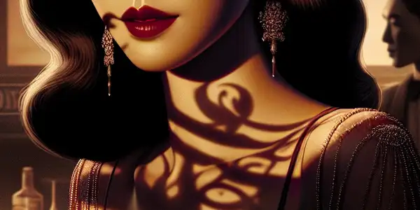A seductive female protagonist in a vintage, dimly lit room, evoking romance and intrigue with shadows and vintage decor.