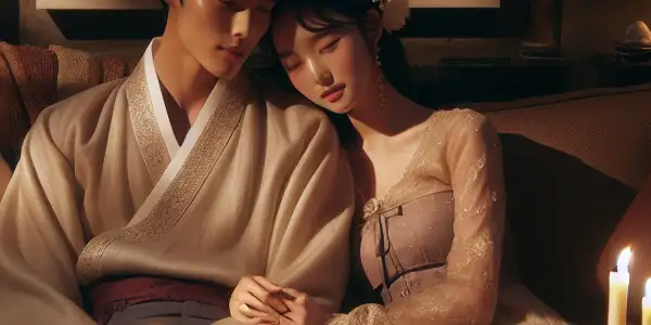 A cozy, intimate room with a couple sharing a tender moment, surrounded by romantic decor and cultural elements.