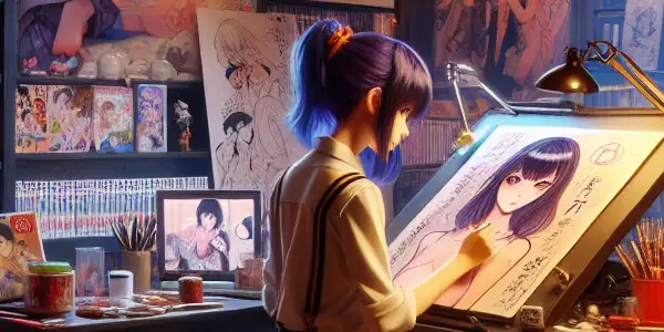 A young Japanese woman sketches erotic manga in a cozy, dimly-lit room filled with colorful manga and cultural elements.<a href=