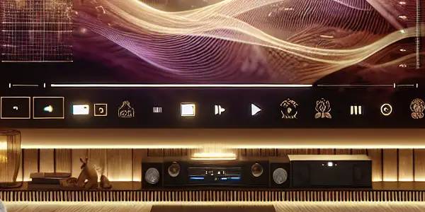 A cozy living room with a plush sofa, dim lighting, and a large screen displaying abstract visuals.