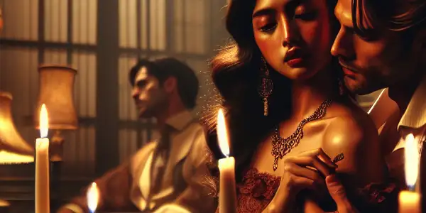 A couple shares an intimate moment in an elegant, candlelit room filled with romantic decor.