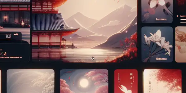 A modern digital dashboard showcasing vibrant Japanese adult film covers with cultural elements and an inviting atmosphere.