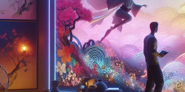 A modern viewing room with a film enthusiast, vibrant abstract visuals, and a blend of Japanese decor.