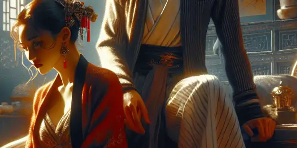 A dramatic scene featuring two characters in modern and traditional Chinese attire, set in an ornate interior.
