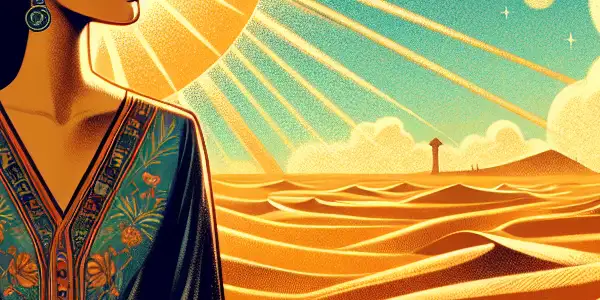 A captivating female figure stands in a sun-drenched desert, surrounded by hints of adventure and mystery.