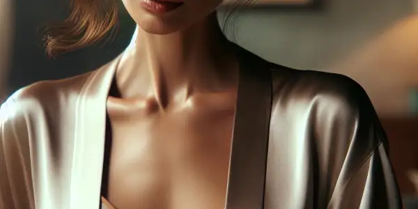 A sophisticated woman in her 30s or 40s exudes confidence in a cozy, intimate domestic setting.