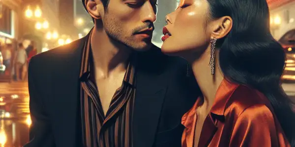 A passionate couple embraces in a dimly lit urban setting, surrounded by neon lights and hints of cinematic elements.