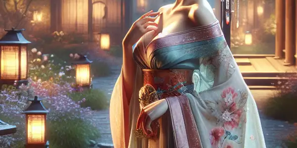 An elegant woman in traditional Japanese garments surrounded by a lush garden of cherry blossoms and glowing lanterns.