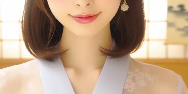 A young Japanese actress in a pastel outfit, surrounded by a serene, traditional room with soft lighting.