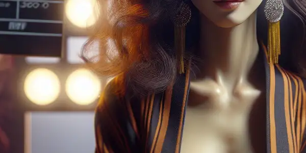 A confident Japanese AV pioneer poses on a film set, embodying charisma and unconventional beauty.