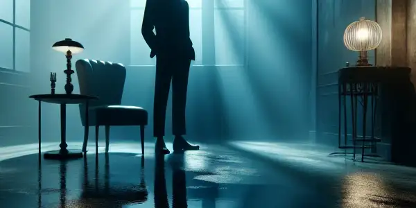 A solitary figure in a dimly lit room, surrounded by shadows and abstract reflections, evokes mystery and emotional distance.