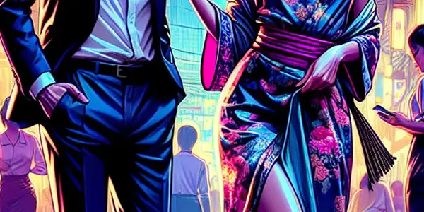 A vibrant Bangkok nightlife scene featuring a stylish couple in a flirtatious moment, surrounded by neon lights and cultural motifs.