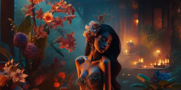 A passionate Thai actress in a lush tropical setting, embodying forbidden romance and cultural richness.