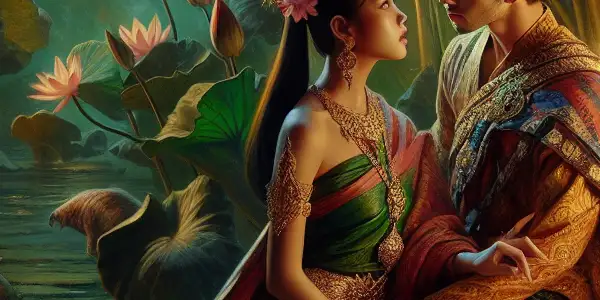 A passionate couple in traditional Thai attire embraces in a lush, tropical setting filled with lotus flowers and lanterns.