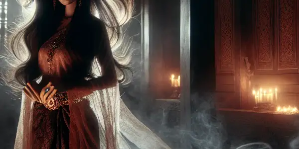 A haunting female ghost in a dimly lit traditional Thai house, surrounded by mist and shadows.