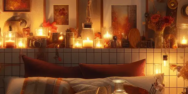 A cozy, autumn-themed bedroom featuring intimate decor, vintage cameras, and warm lighting, evoking a playful yet sophisticated atmosphere.