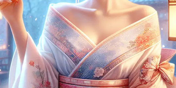 A stunning Japanese actress in a flowing kimono, surrounded by cherry blossoms and lanterns in a serene setting.<a href=